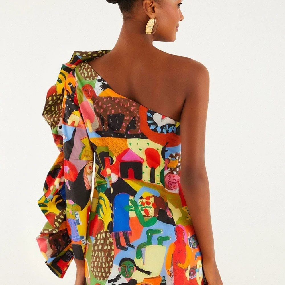 Farm Rio: Ana Leovy Farm Rio Organic Cotton One Shoulder Mini Dress - Picture 10 of 14